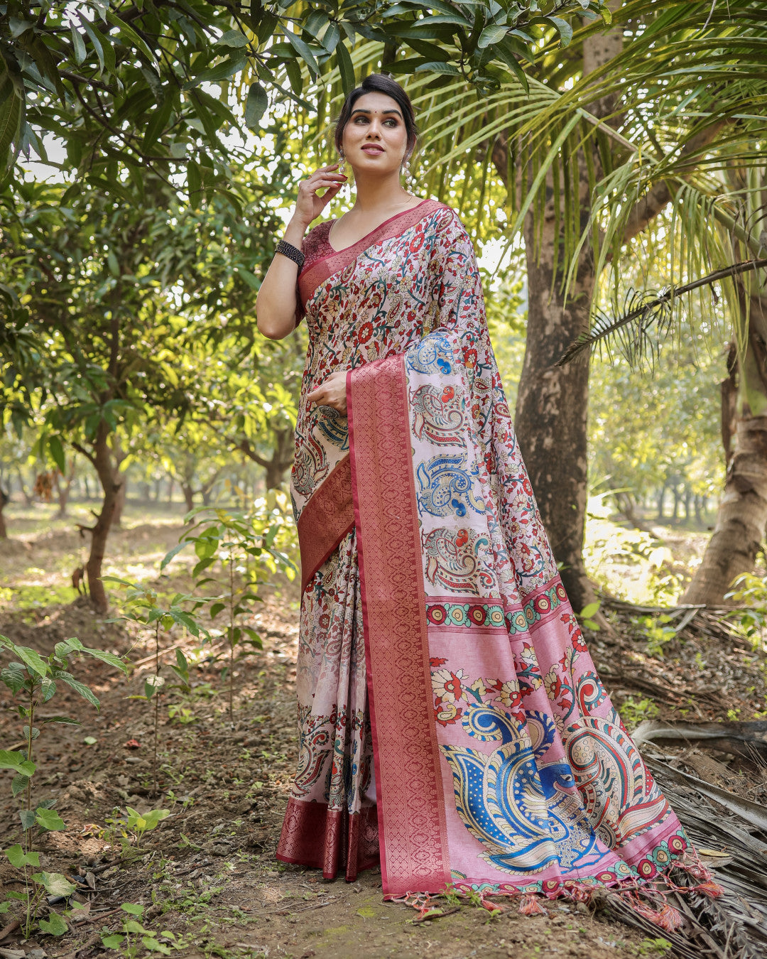 Multi Color Kalamkari Digital Printed Tussar Silk Saree | Designer Festive Ethnic Wear – JaipurSaaj