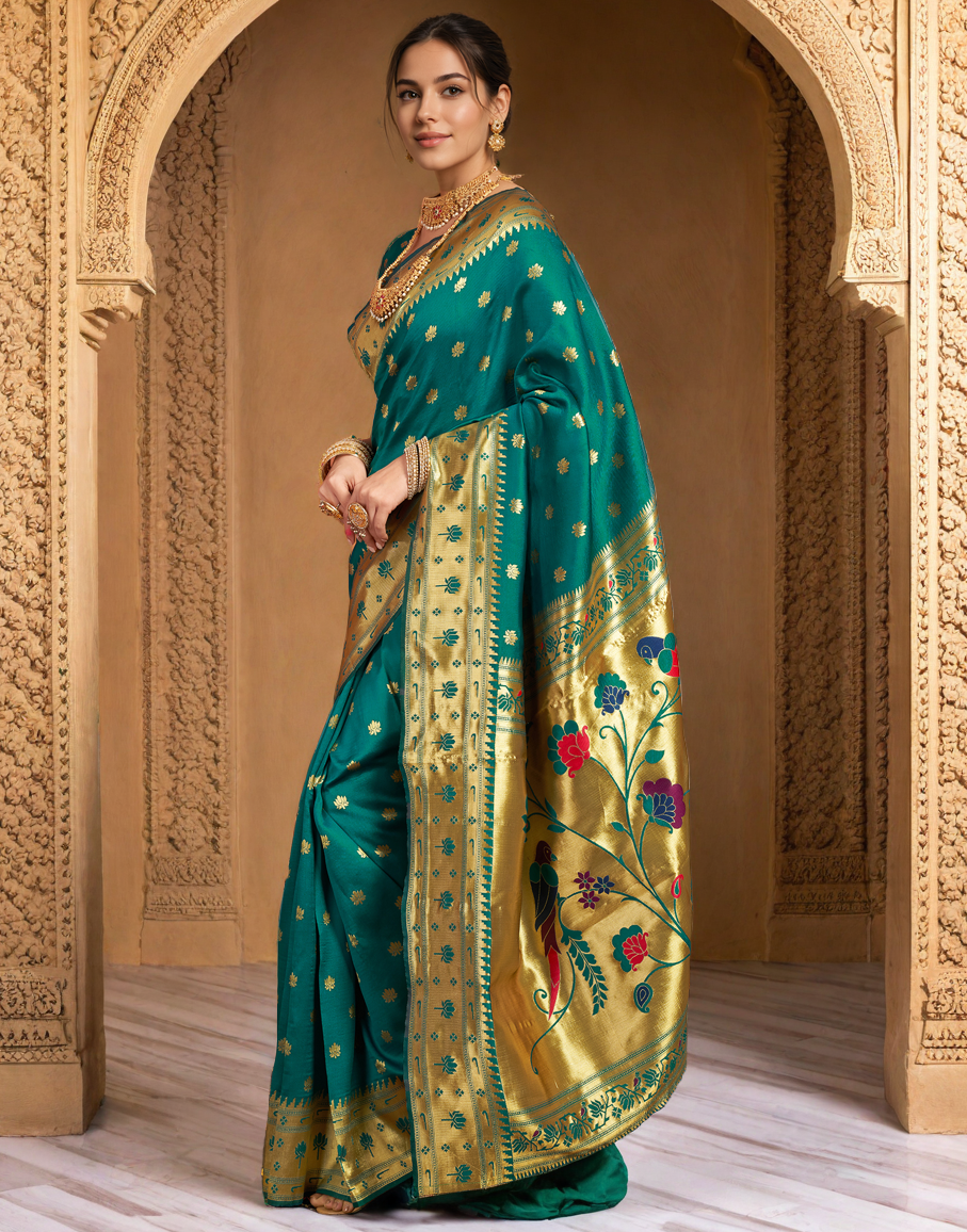 Traditional Rama Green Paithani Silk Saree With Zari Weaving Work