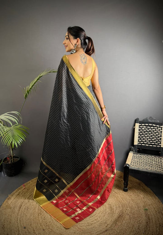 Black Soft Cotton Silk Saree With Zari Weaving Work