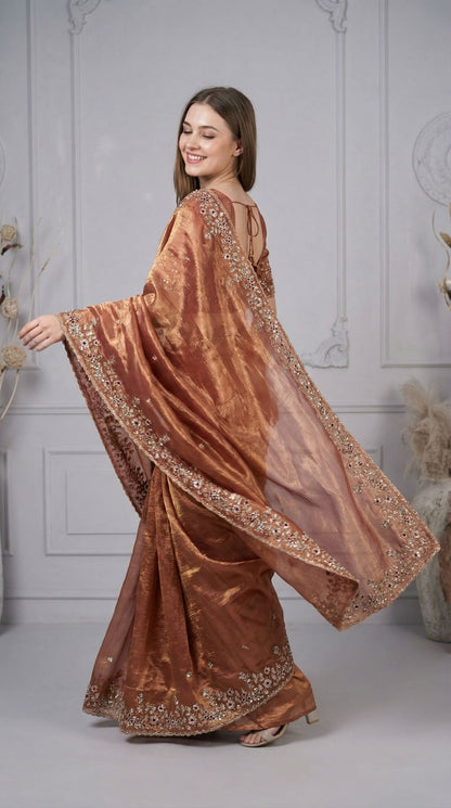 Peach Fandy Chiffon Silk Saree With Sequin Work & Cut Work Border | Party & Reception Wear – JaipurSaaj