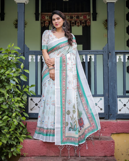 White Summer Special Digital Printed Linen Cotton Saree