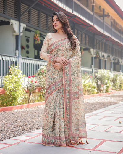 Off White Kalamkari Digital Printed Linen Cotton Saree | Summer Casual & Ethnic Wear – JaipurSaaj