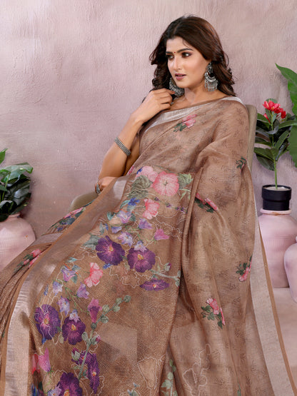 Beige Linen Cotton Saree With Digital Printed Work And Silver Zari Border