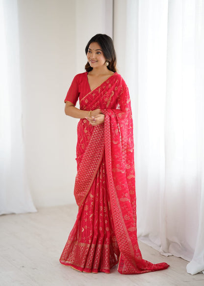 Pink Color Georgette Saree With Digital Printed Work And Lace Border