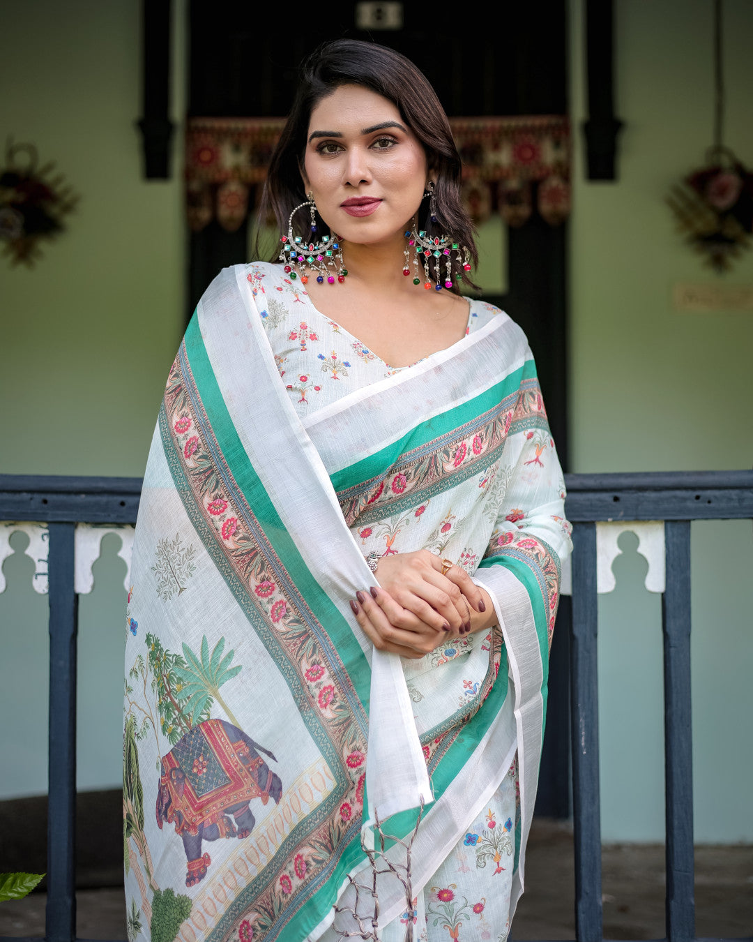 White Summer Special Digital Printed Linen Cotton Saree
