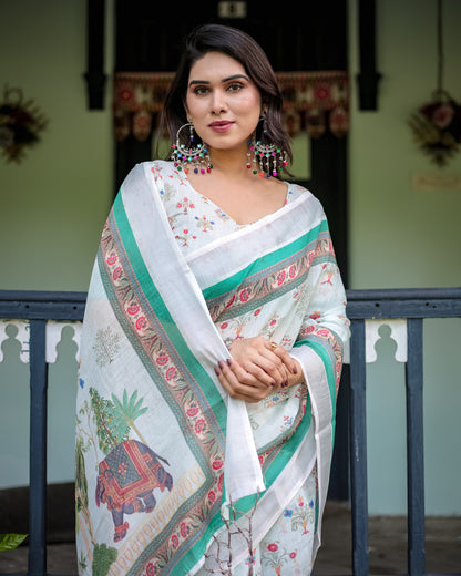 White Summer Special Digital Printed Linen Cotton Saree