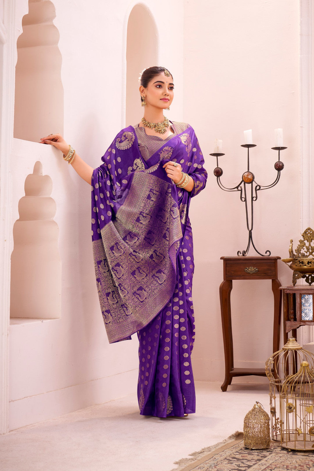 Purple Soft Roop Silk Saree With Printed Work & Zari Weaving Border | Traditional Festive Wear – JaipurSaaj