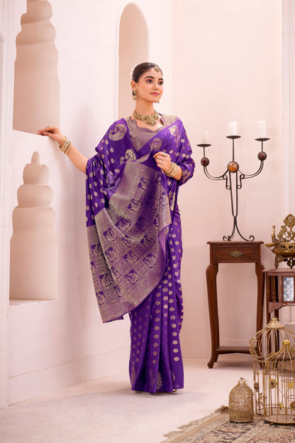 Purple Soft Roop Silk Saree With Printed Work & Zari Weaving Border | Traditional Festive Wear – JaipurSaaj