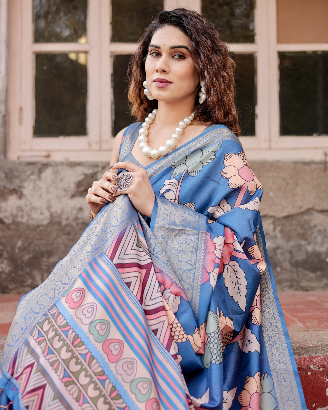 Blue Tussar Silk Saree With Digital Kalamkari Print & Zari Motif Border | Casual & Festive Wear – JaipurSaaj
