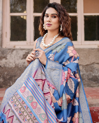 Blue Tussar Silk Saree With Digital Kalamkari Print & Zari Motif Border | Casual & Festive Wear – JaipurSaaj