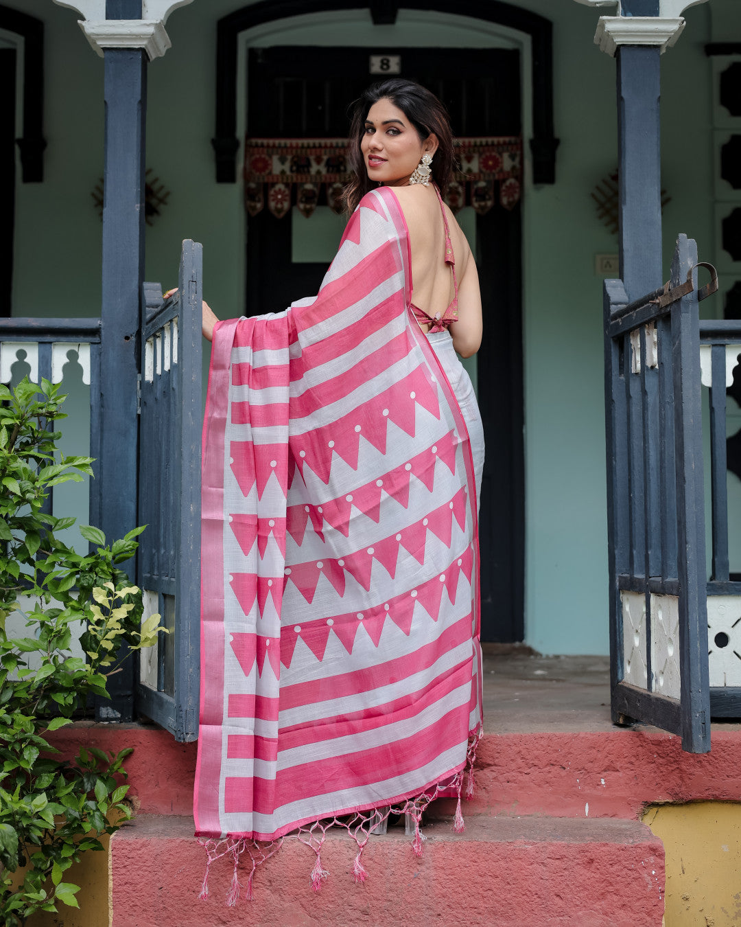 White And Pink Floral Digital Printed Linen Cotton Saree