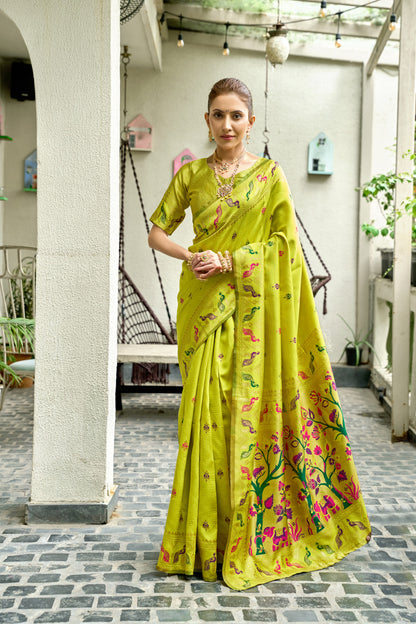 Traditional Parrot Green Paithani Silk Saree With Zari Weaving Work