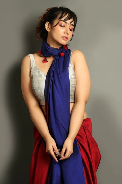 Red Color Plain Khadi Cotton Saree With Fancy Tassel Work