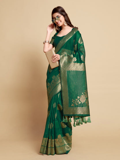 Green Soft Linen Silk Saree With Zari Weaving Work | Traditional Wedding & Festive Wear – JaipurSaaj