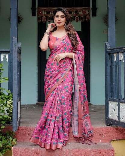 Pink Floral Digital Printed Linen Cotton Saree