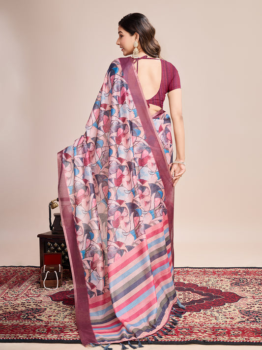 Multi Soft Linen Cotton Saree With Floral Printed Work