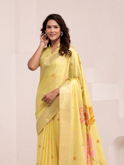 Side portrait of yellow linen silk saree with floral pallu showcasing graceful drape