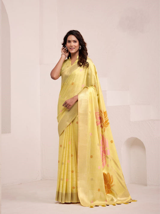 Woman wearing yellow soft linen silk saree with floral pallu design full front view