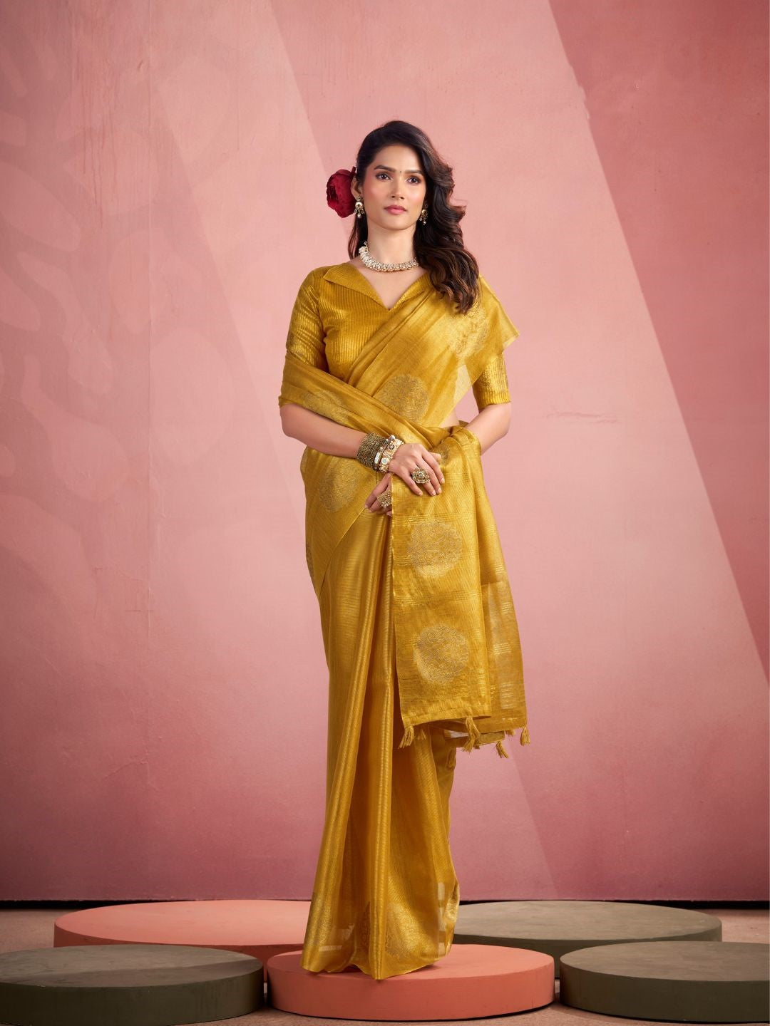 Full length view of yellow tissue silk saree with fancy zari butta perfect for wedding wear
