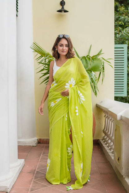 Parrot Green Khadi Cotton Saree with Floral Printed Work | Summer Casual Ethnic Wear – JaipurSaaj