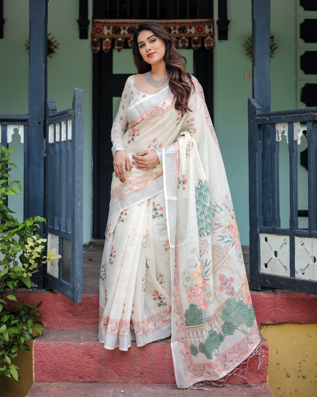 Off White Summer Special Digital Printed Linen Cotton Saree