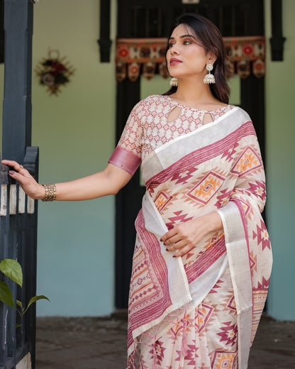 Multi Color Digital Printed Linen Cotton Saree | Summer Special Casual & Office Wear – JaipurSaaj