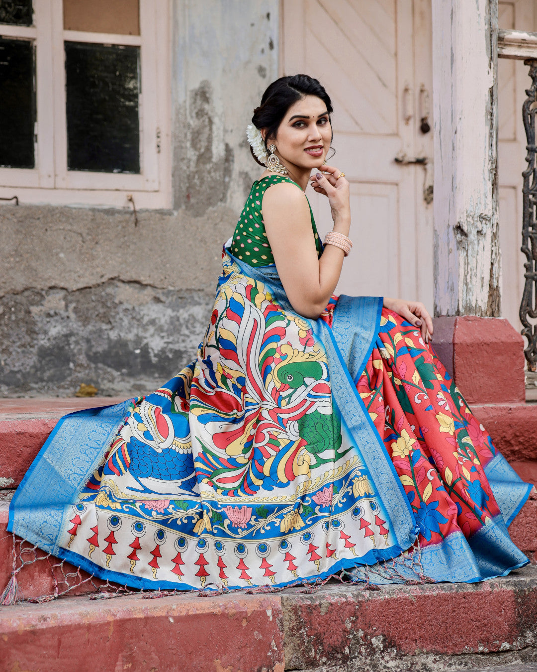 Multi Kalamakari Floral Printed Tussar Silk Saree With Zari Motif Border | Festive Ethnic Wear – JaipurSaaj