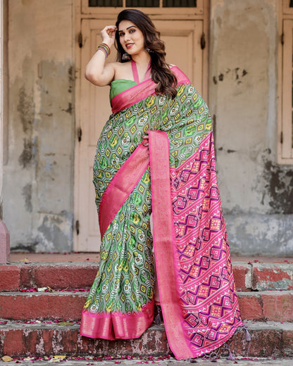 Green Digital Printed Tussar Silk Saree With Zari Motif Border | Designer Festive Ethnic Wear – JaipurSaaj