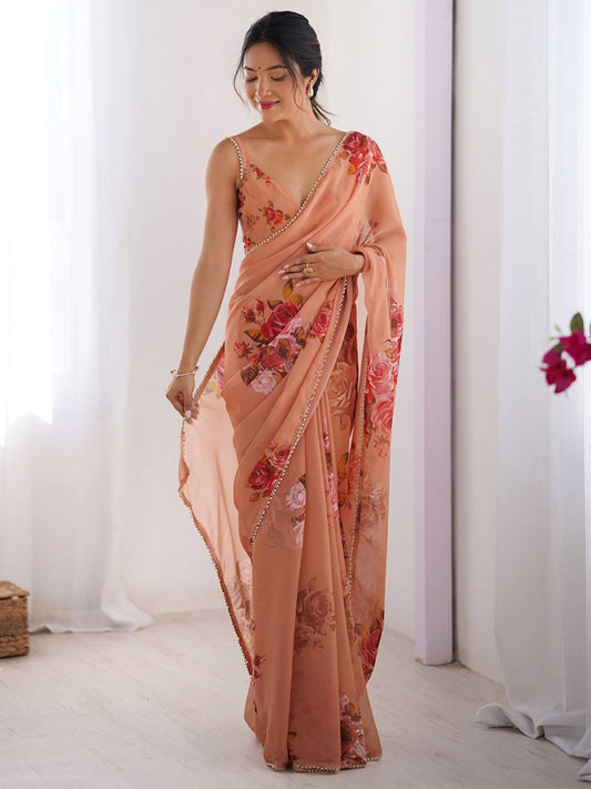 Peach Georgette Saree With Printed Work And Moti Border