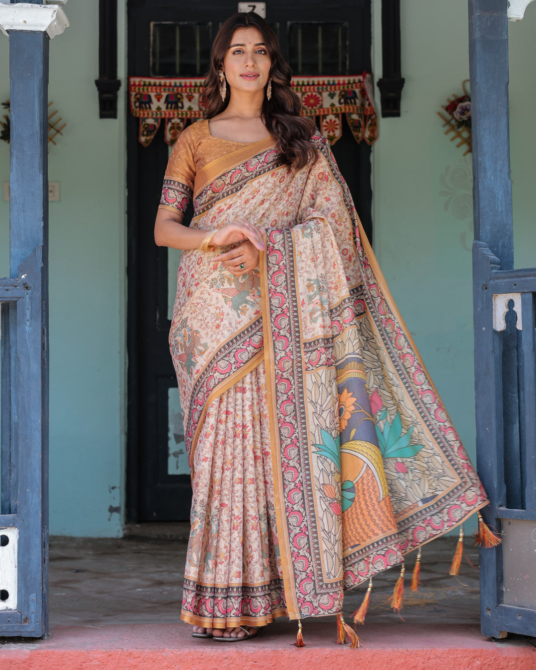 Multi Color Kalamkari Digital Printed Linen Cotton Saree | Summer Casual & Ethnic Wear – JaipurSaaj