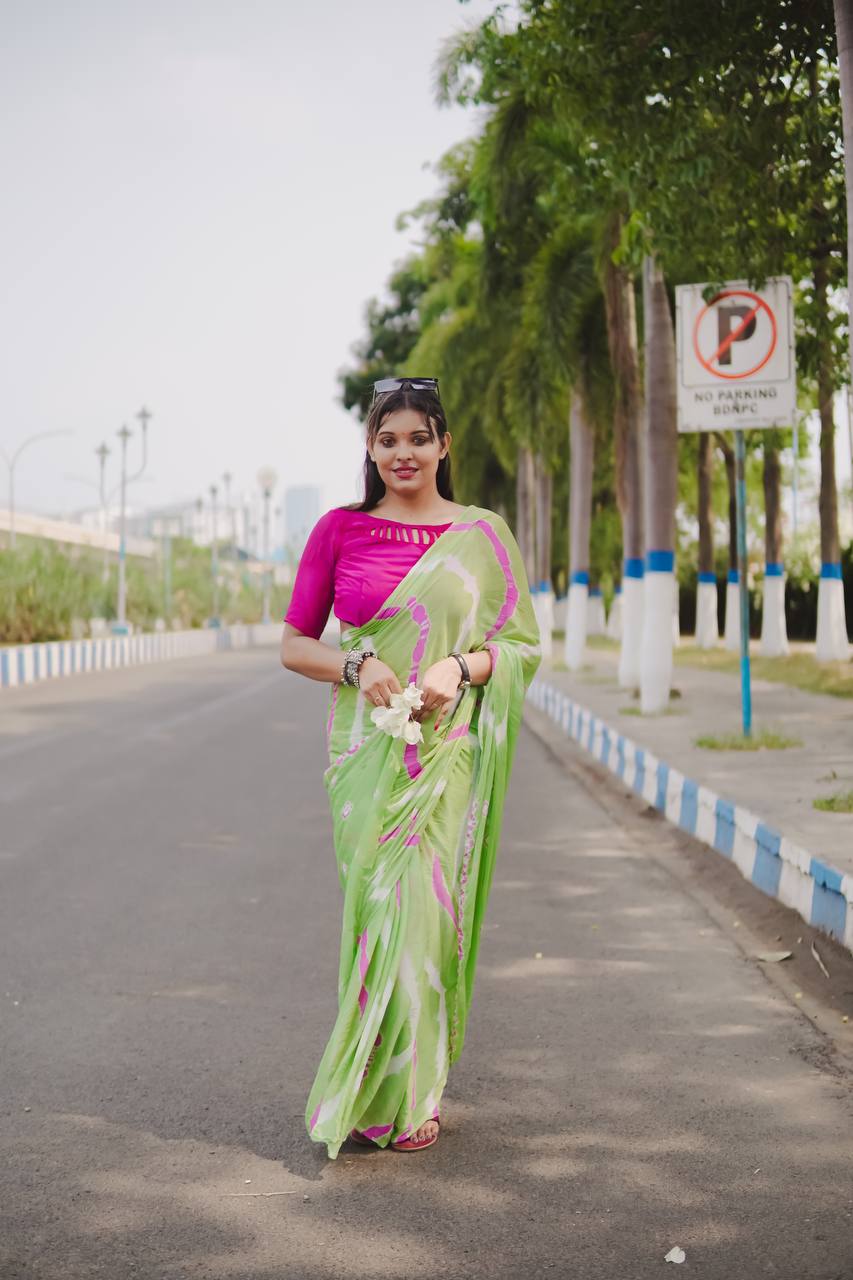 Parrot Green Soft Chinon Silk Saree With Shibori Printed Work | Casual & Festive Wear – JaipurSaaj