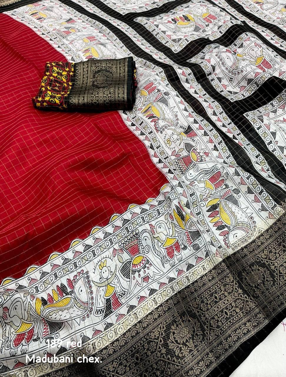Red Dola Silk Saree With Beautiful Madhubani Printed Pallu Work | Traditional Wedding Wear – JaipurSaaj