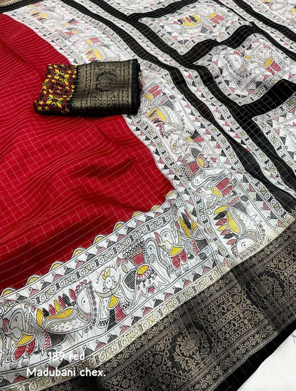 Red Dola Silk Saree With Beautiful Madhubani Printed Pallu Work | Traditional Wedding Wear – JaipurSaaj