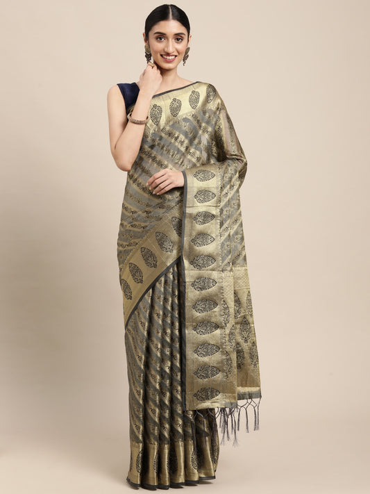 Gray Organza Silk Saree With Zari Weaving Work