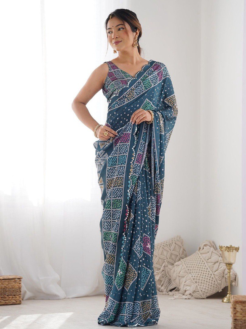 Blue Georgette Saree With Printed And Mirror Work With Arco Border