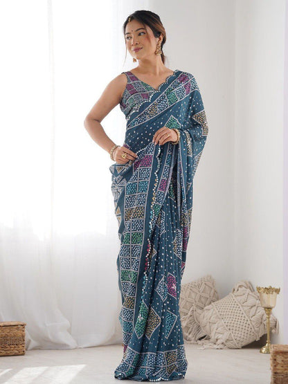 Blue Georgette Saree With Printed And Mirror Work With Arco Border