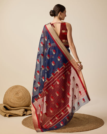 Navy Blue Color Cotton Silk Saree With Weaving Work