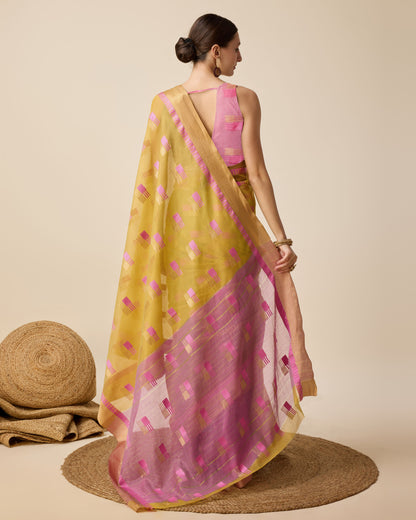 Yellow Color Cotton Silk Saree With Weaving Work