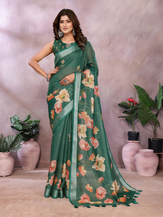 Green Linen Cotton Saree With Digital Printed Work And Silver Zari Border