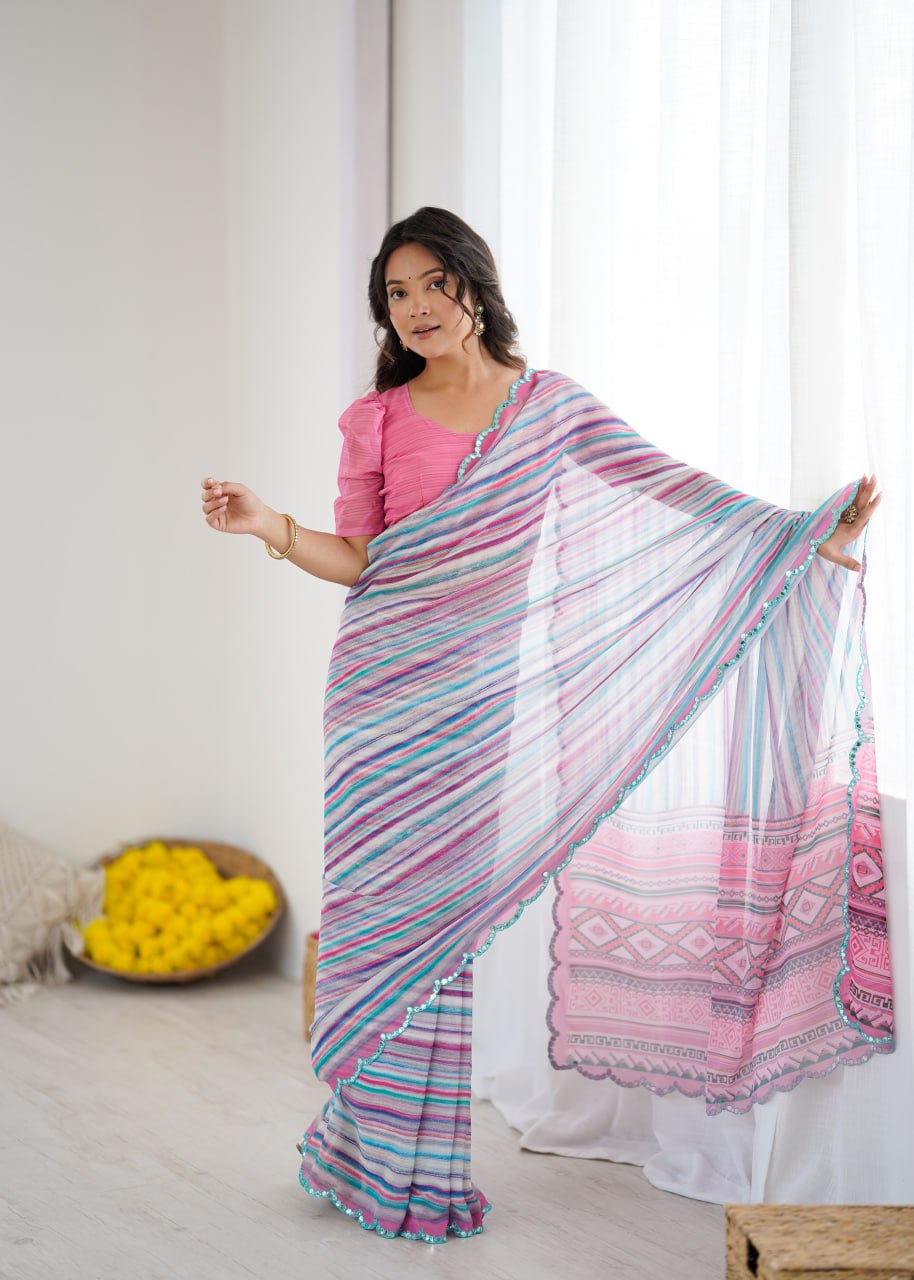 Multi Georgette Saree With Printed And Mirror Work With Arco Border