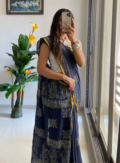 Navy Blue Muslin Cotton Silk Saree With Hand Block Print & Zari Border | Ethnic Wear – JaipurSaaj
