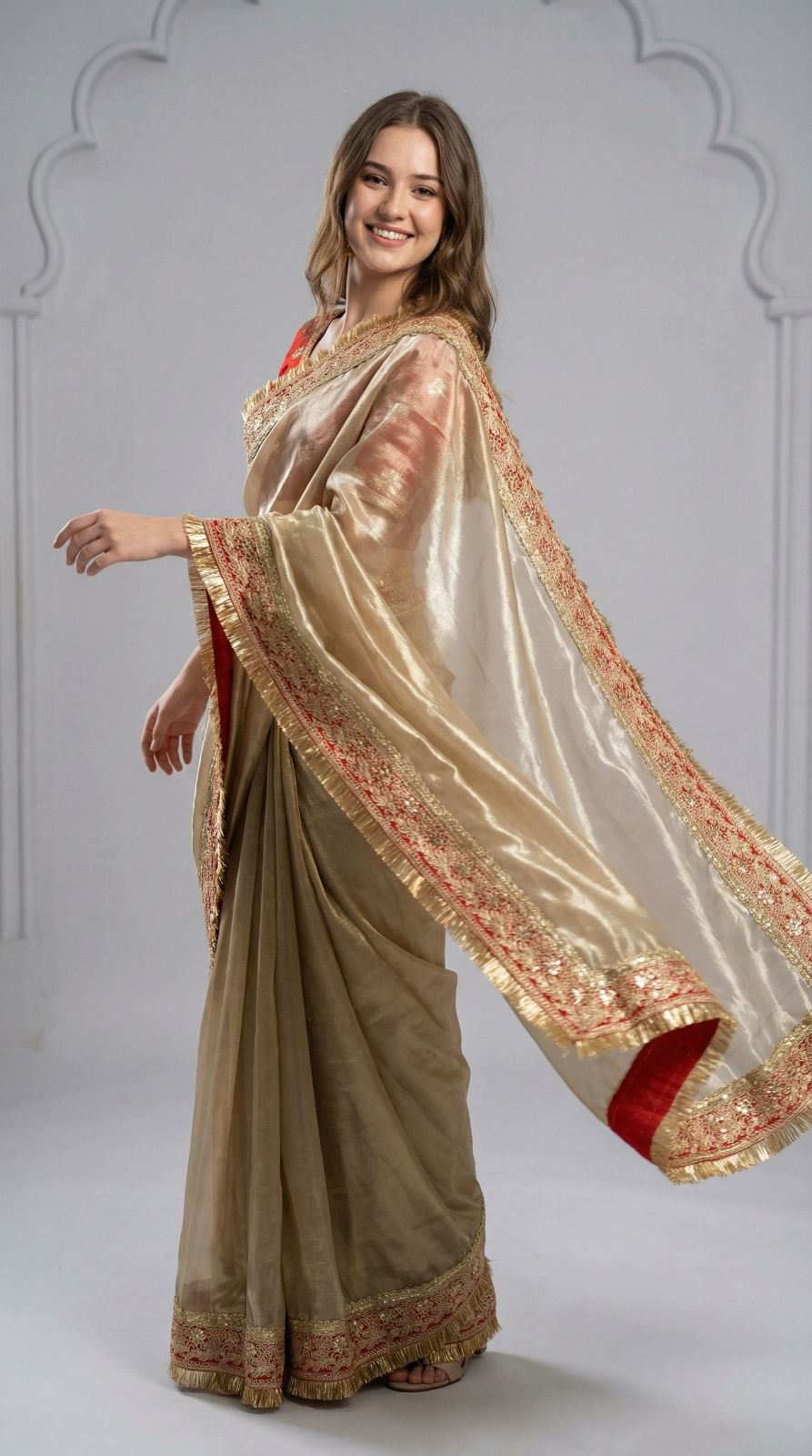Beige Fancy Space Silk Saree With Embroidered Sequin Lace Border | Party & Wedding Wear – JaipurSaaj