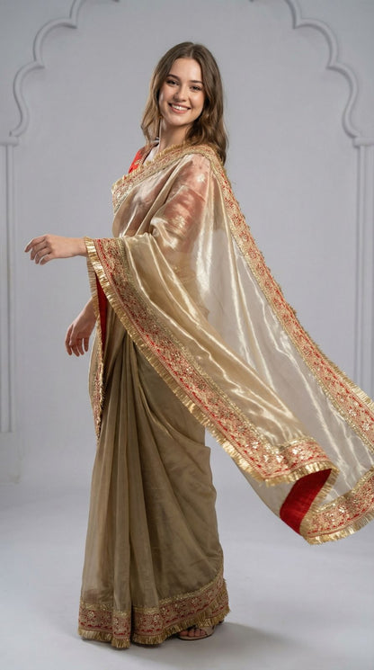 Beige Fancy Space Silk Saree With Embroidered Sequin Lace Border | Party & Wedding Wear – JaipurSaaj