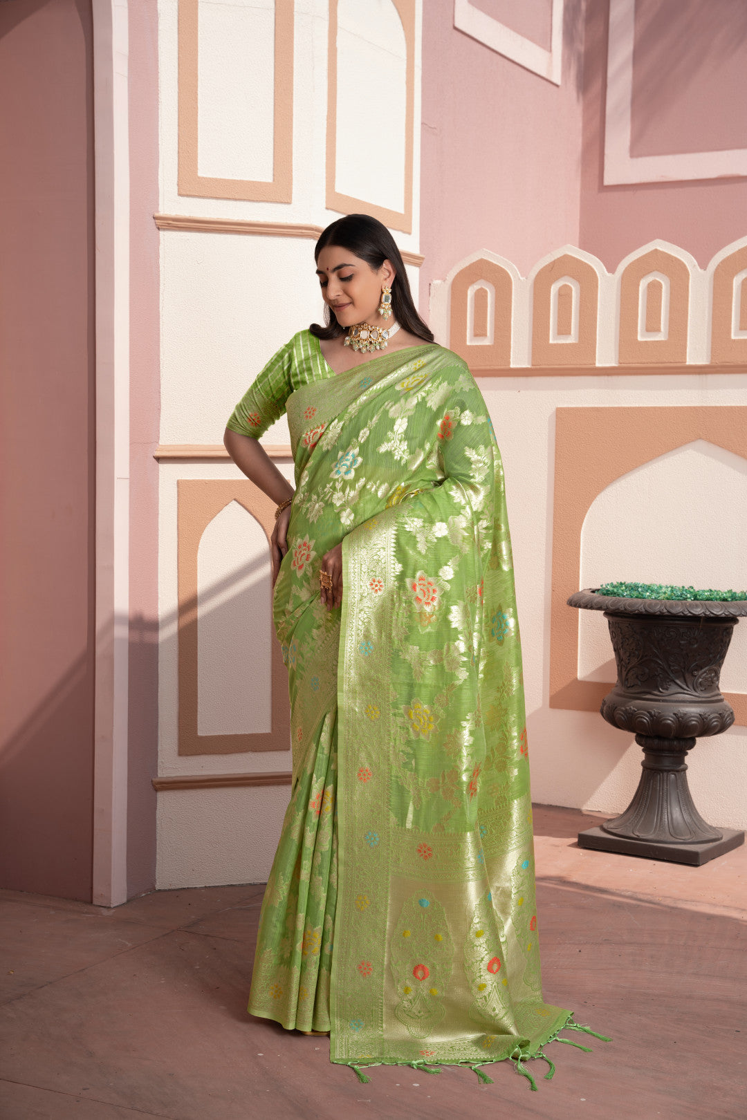 Pista Green Banarasi Cotton Silk Saree With Zari Woven Work