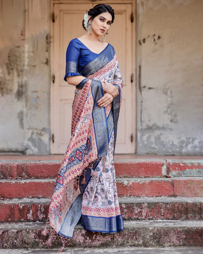 Multi Color Digital Printed Tussar Silk Saree With Zari Motif Border | Traditional Festive Ethnic Wear – JaipurSaaj