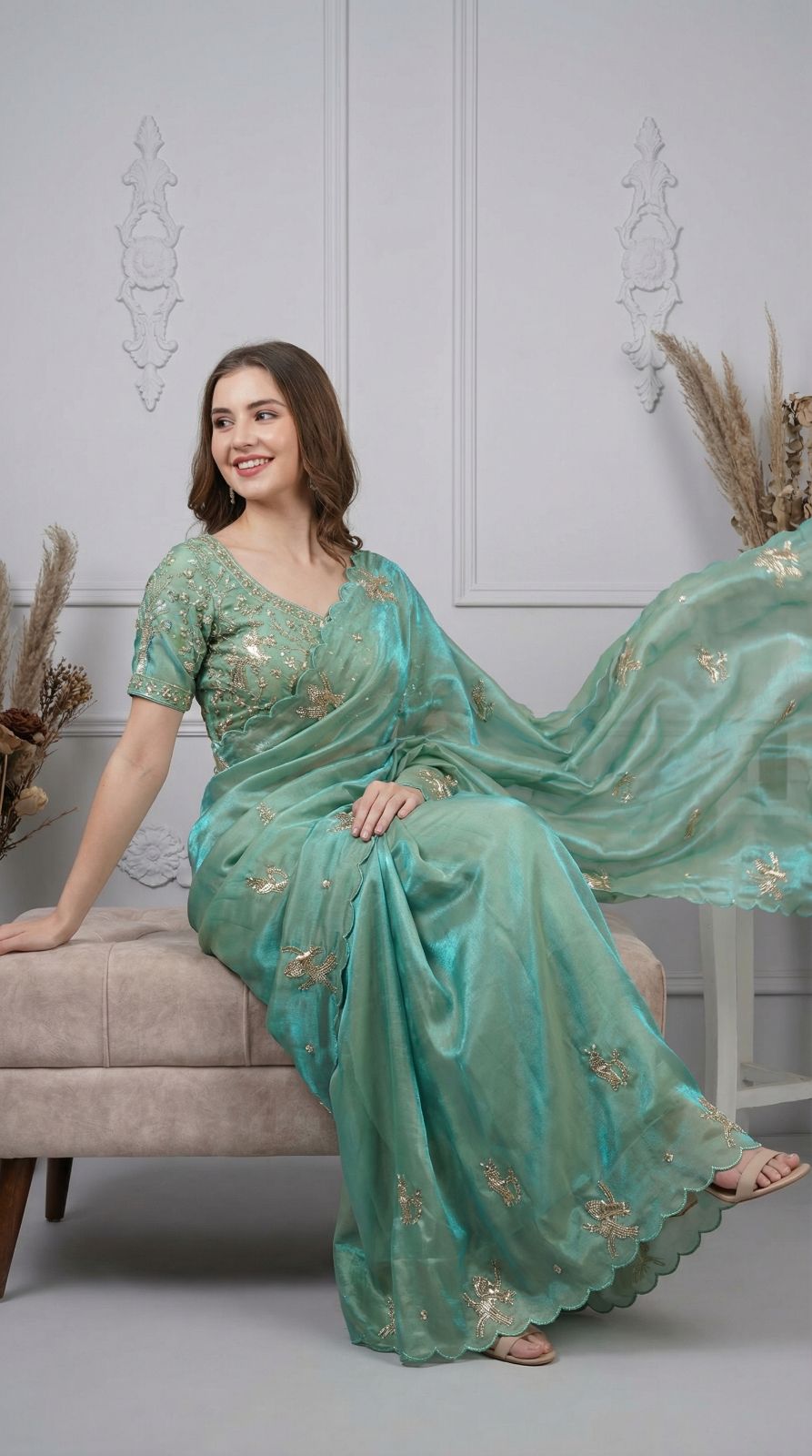 Firoji Fandy Satin Silk Saree With Heavy Shine Hand Work & Cutwork Border | Wedding & Party Wear - JaipurSaaj