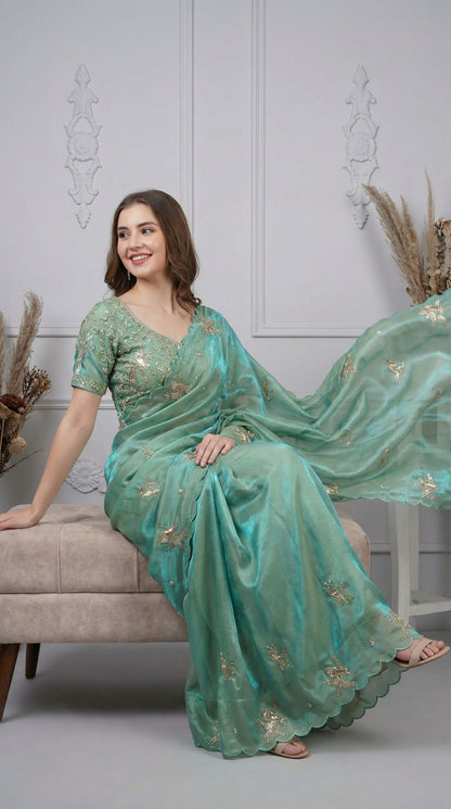 Firoji Fandy Satin Silk Saree With Heavy Shine Hand Work & Cutwork Border | Wedding & Party Wear - JaipurSaaj