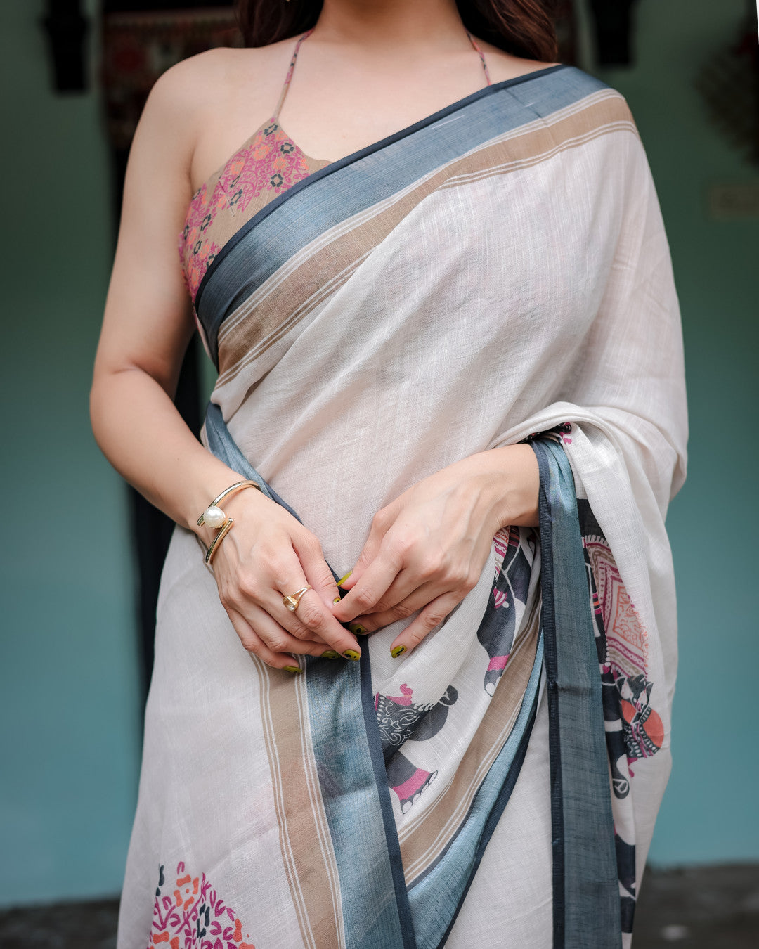 Off White Floral Digital Printed Linen Cotton Saree