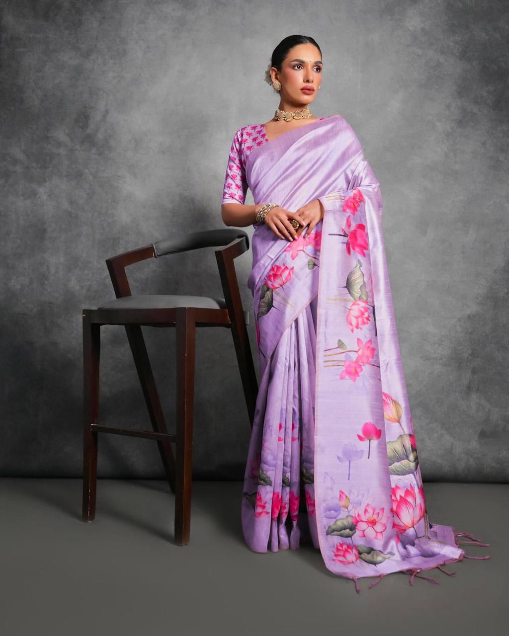 Lavender Tussar Silk Saree with Lotus Floral Printed Work | Festive & Party Wear – JaipurSaaj
