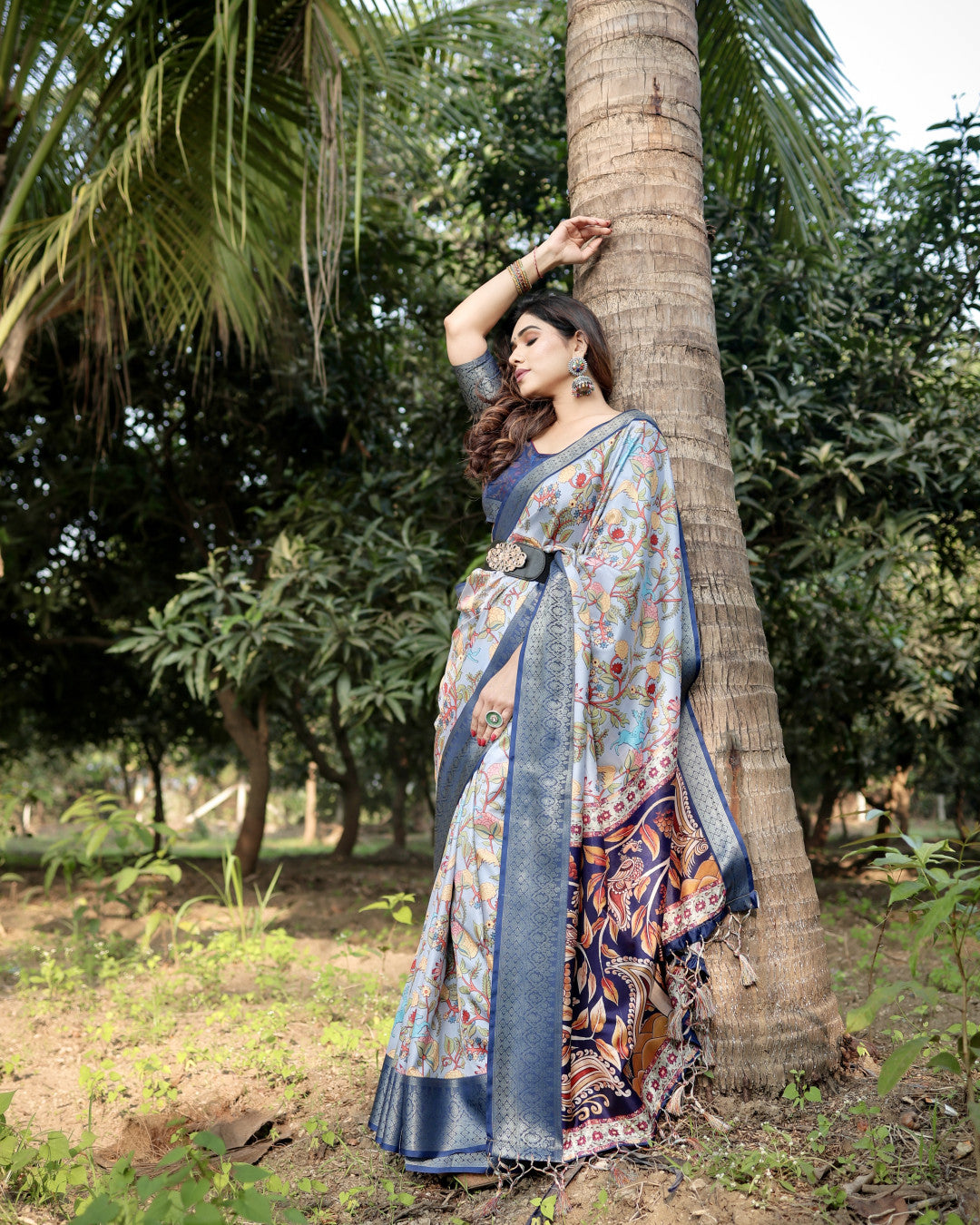 Multi Color Kalamkari Digital Printed Tussar Silk Saree | Designer Festive Ethnic Wear – JaipurSaaj